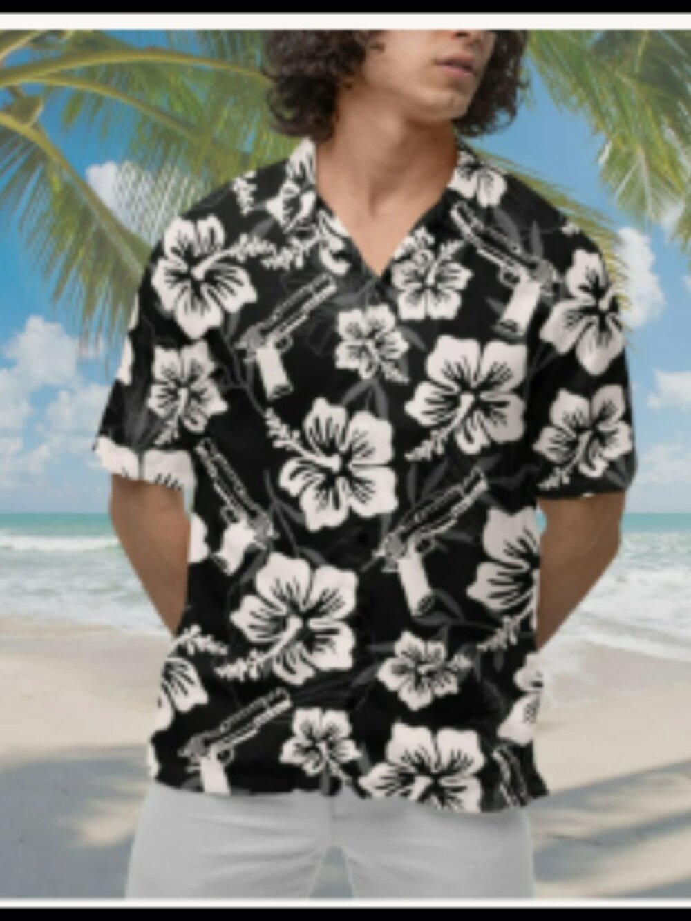 Men's Black & White Floral Short-Sleeve Dress Shirt